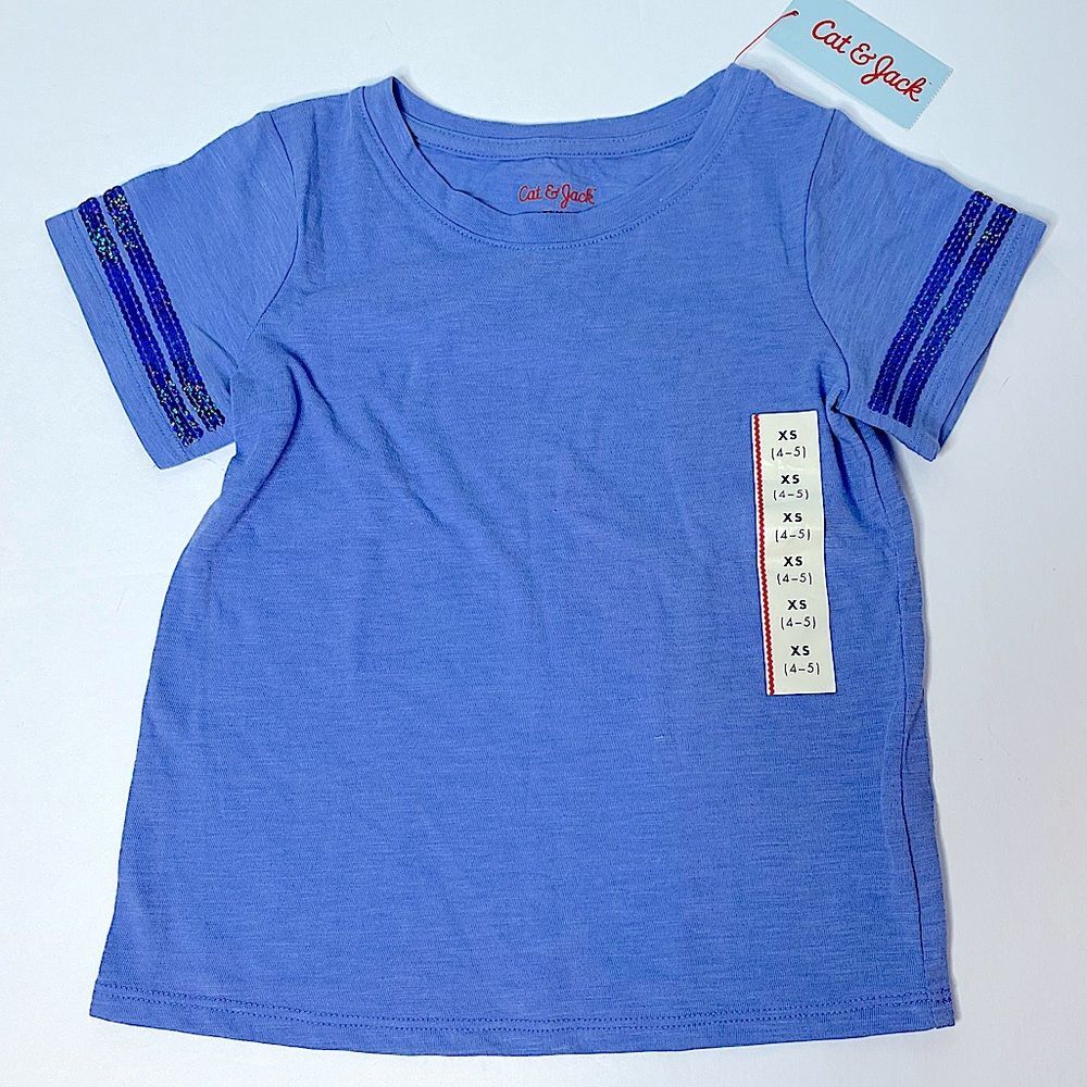 Cat & Jack Girls Blue T-Shirt Sequin Striped Short Sleeve Size XS 4-5 NEW